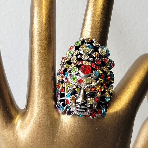 Egyptian Face Crystal Ring Stretch Colorful Ring Rainbow Crystal Adjustable Ring - Picture 3 of 11